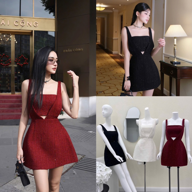 [Sẵn - Hoả Tốc] Set đầm yếm dạ kèm áo ống croptop nữ tính đỏ cho Noel tết