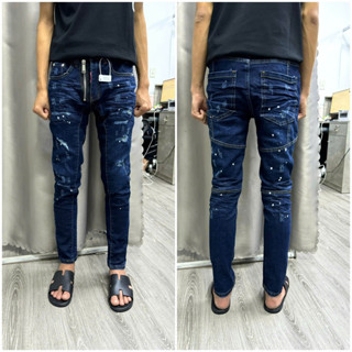 Quần jean đs quy xanh viền gân baiger rách cào nhẹ dập nhăn 3D sau bản 1 cúc tiện dụng mã 363