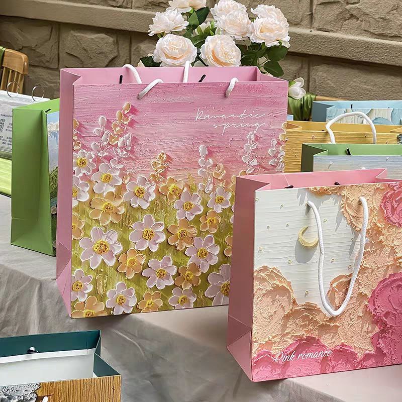Túi Quà Tặng Túi Giấy Cứng Hình Hoa Sơn Dầu Vintage Màu Pastel Dễ Thương cho sinh nhật , kỷ niệm , 20/11, 8/3