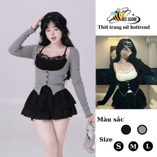 Áo kiểu nữ tay dài cổ U kèm áo 2 dây bra có mút ngực, Sét áo thun nữ tay dài phối màu cài cúc dáng ôm body Bee Store