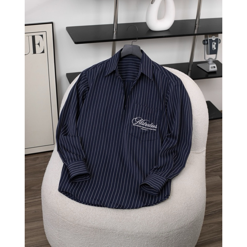 Áo sơ mi nam tay dài sọc xanh thêu túi phong cách hàn quốc manostudio chất liệu mềm mịn hạn chế nhăn