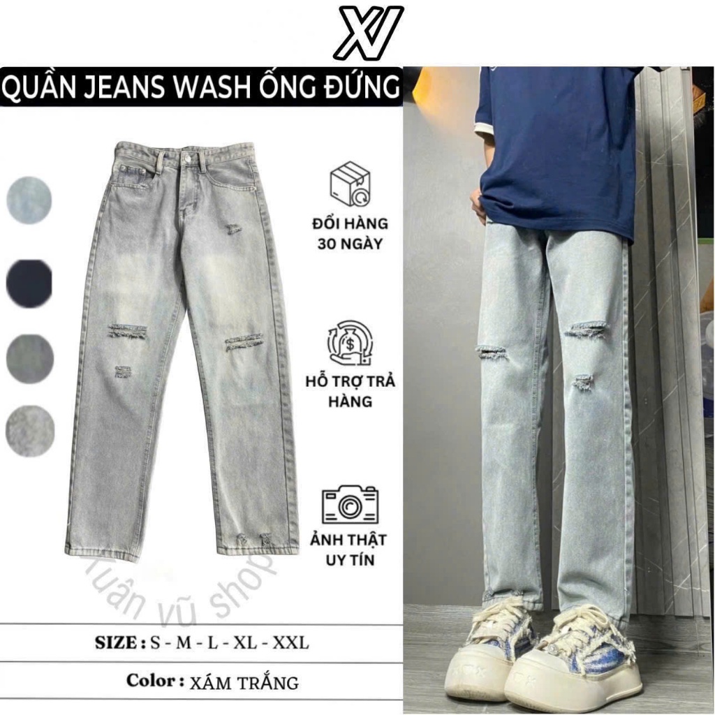 Quần jean nam ống suông Bagy Form Suông Ống Suông Wash Rách Phong Cách mới