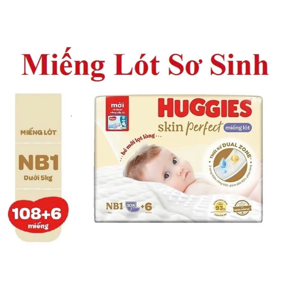 Mẫu Mới (Dùng Kèm Tã Vải Tam Giác)-Combo 2 Gói-Tặng Thêm 6 Miếng - Miếng Lót Sơ Sinh Huggies NB1 108
