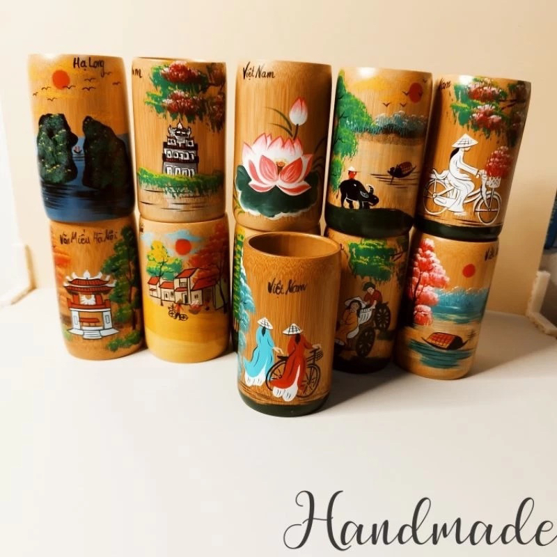 Cốc tre vẽ tay hình cô gái - phong cảnh Việt Nam - cắm bút tre - quà tặng lưu niệm Việt Nam