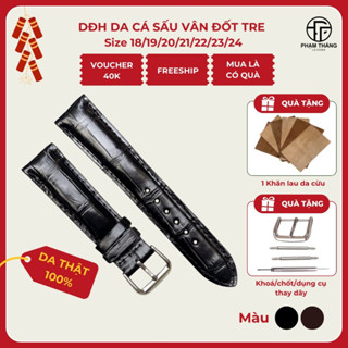 Dây Đồng Hồ Da Cá Sấu Thật Vân Đốt Tre Màu Đen Và Nâu Đậm Nhiều Size Tặng kèm khoá, chốt và dụng cụ thay dây