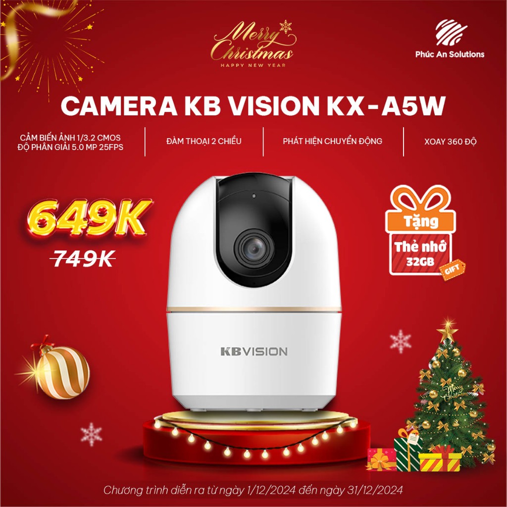 Camera Wi-Fi không dây KBVISION KX-A5W 5MP-Camera 360 độ-Tầm nhìn xa hồng ngoại 10m-Phát hiện chuyển