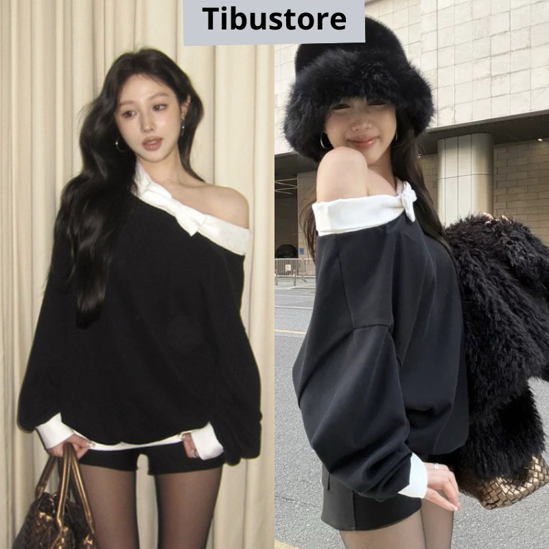  Set Áo Lệch Vai Đín Nơ Phối Quần Đùi Ngắn TIBU Set Đồ Nữ Trắng Đen Đơn Giản Sang Chảnh Đi Chơi Noel Tết B257 