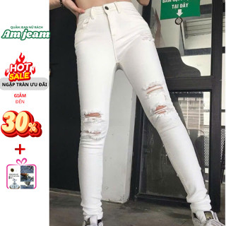 Quần jean nữ trắng rách gối, Quần bò nữ cạp cao skinny jeans co giãn rách đùi