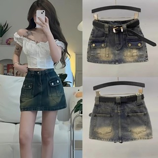 Chân váy Jean ngắn nữ MIAA có quần bảo hộ dày dặn lưng cao, quần đùi giả váy cho nữ dáng chữ a cạp cao đi chơi đi biển