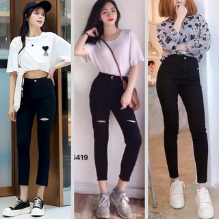 Quần jean nữ đen trơn rách gấu rách đùi co giãn dáng skiny lưng cao
