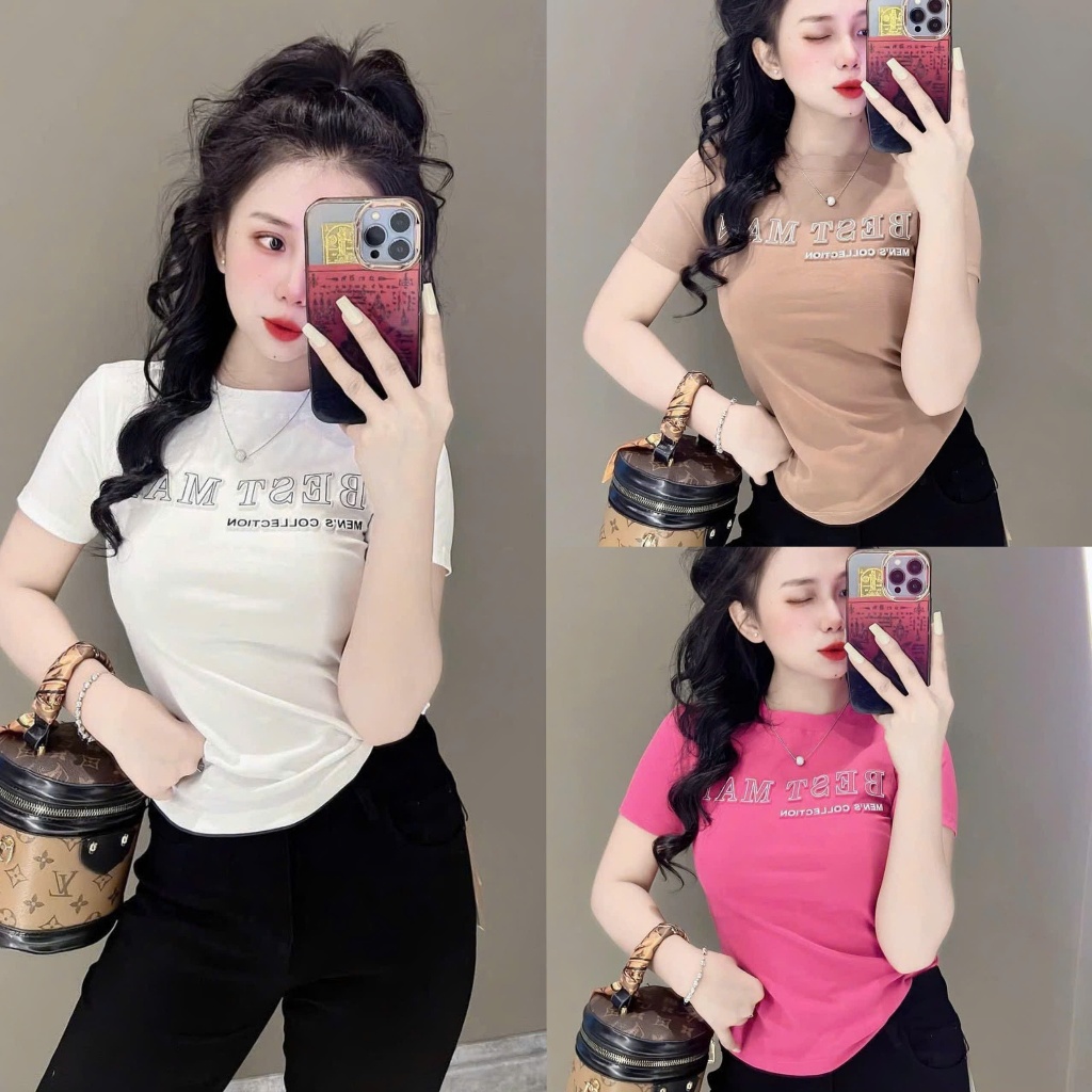 Áo thun nữ borip cổ tròn tay ngắn phom ôm  body phối chữ dập nổi ( M : BETMAN )