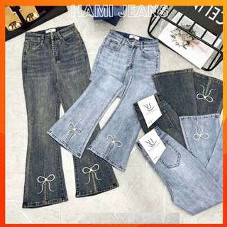 Quần jean ống loe lỡ co giãn lưng cao xẻ ống thêu nơ chất vải đẹp dài 90cm