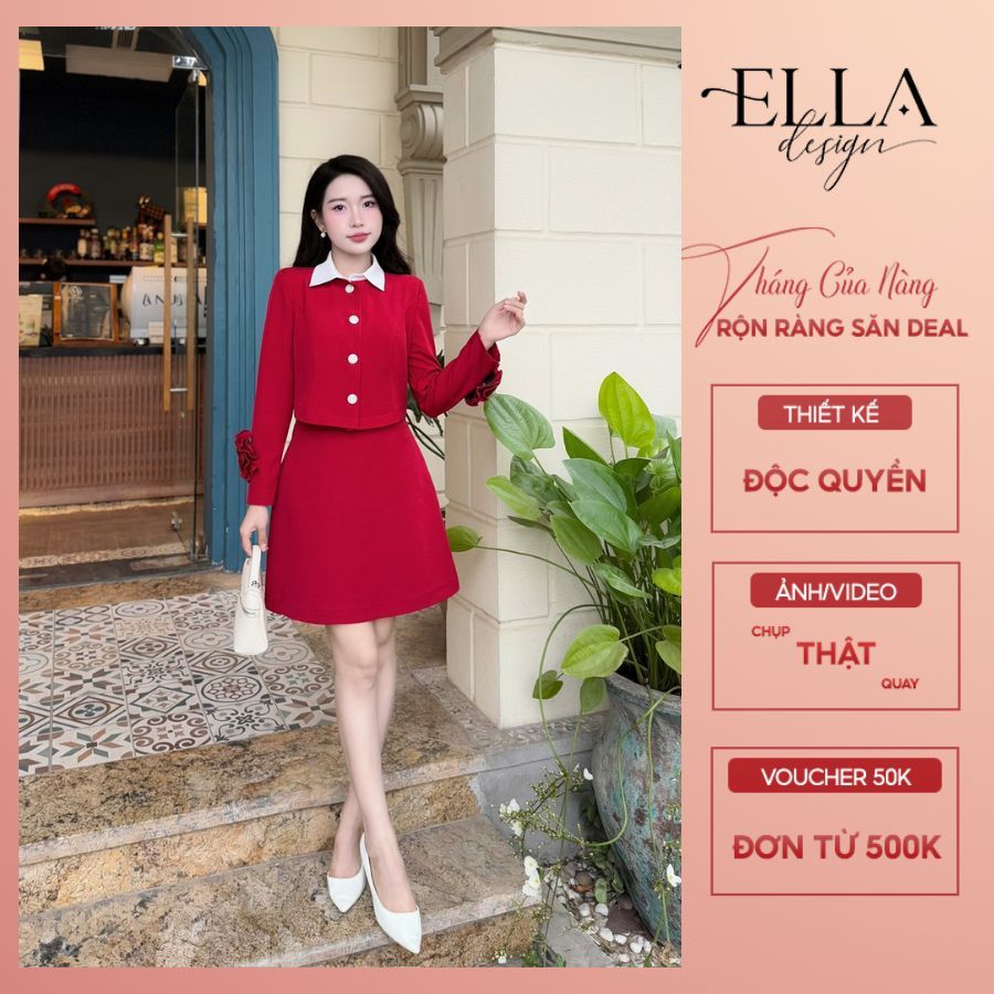 Set váy nữ thiết kế dáng ngắn dài tay cổ sơ mi tay phối hoa, set đầm tiểu thư Mini dáng ngắn ELLA De