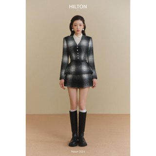 JOIE DES ROSES - Set áo cổ V phối gấu peplum tartan đính cúc kèm đai nơ và quần short có túi Hilton Set