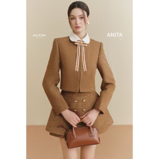 JOIE DES ROSES - Set áo khoác cổ sen nâu dạ tweed phối nơ và quần giả chân váy Anita Set
