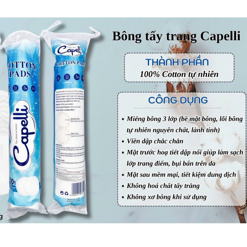 [Chính hãng] Bông Tẩy Trang CAPELLI 150 miếng Bông tẩy trang cotton