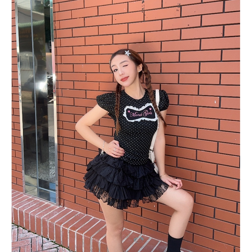 Áo thun babytee nữ MONÁ tay bồng cổ tròn hoạ tiết chấm bi thêu Moná Girls - HAMIE TOP | BigBuy360 - bigbuy360.vn