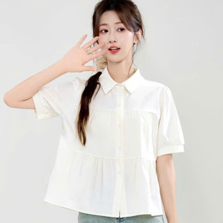 Áo sơ mi nữ ngắn tay babydoll xoè bầu big size cổ sơ mi 5 màu hồng trắng kem đen xanh kiểu bánh bèo SMLXL -SM76