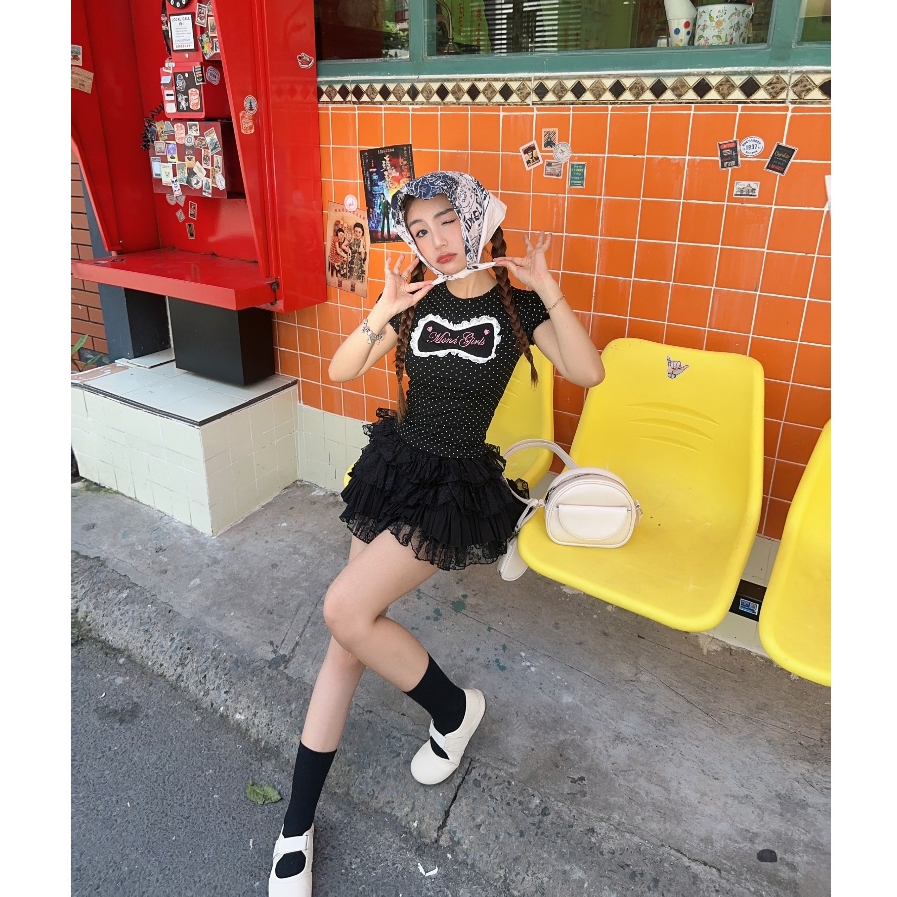 Áo thun babytee nữ MONÁ tay bồng cổ tròn hoạ tiết chấm bi thêu Moná Girls - HAMIE TOP | BigBuy360 - bigbuy360.vn