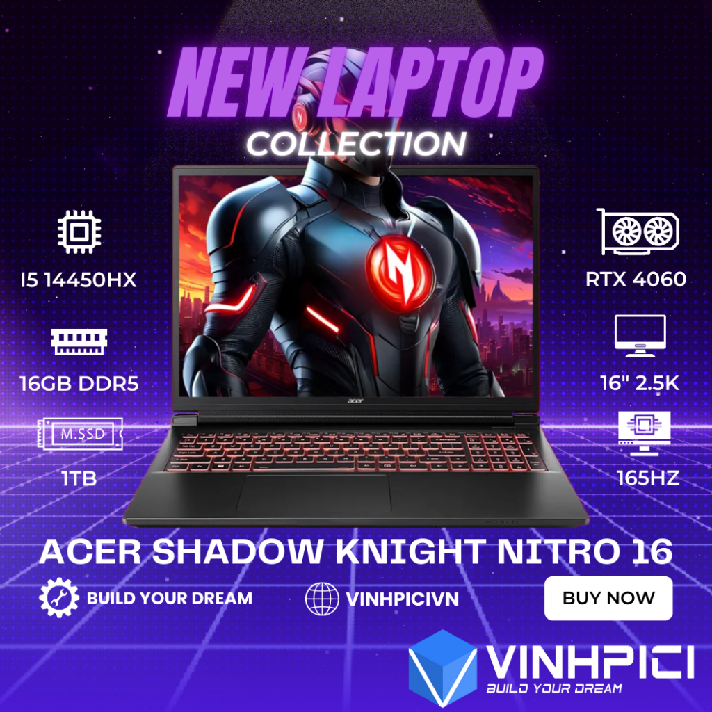 Laptop Acer Shadow Knight (Nitro 16) (I5-14450HX/ RTX 4060/ Ram 16GB/ SSD 1TB/ 16′′ 2.5K 165Hz)