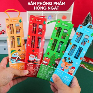 Bộ dụng cụ học tập 5 chi tiết Giáng Sinh có quai xách, đồ dùng học tập dễ thương cute làm quà noel tặng học sinh N060