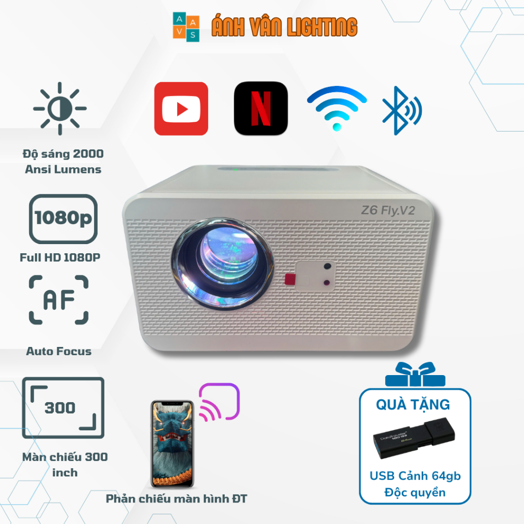 Máy Chiếu Z6 Fly V2 - Full HD 1080P| Tặng USB Cảnh 64GB | Dùng Xem Phim, Đi Cảnh, Youtube, Netflix