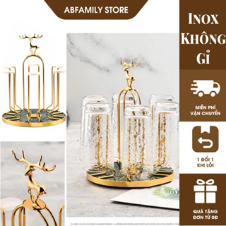 Úp Cốc Xoay 360 Độ Inox Mạ Vàng Kèm Mút Silicon Chống Trơn Trượt, Khay Úp Cốc Chén Ly Kèm Khay Hứng Nước