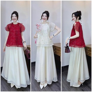 Set váy tiểu thư áo tơ thêu cổ tròn tay ngắn vai cột nơ phối cùng chân váy voan tơ hai lớp dáng dài xoè