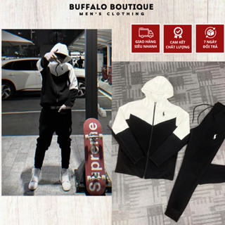 Bộ Hoodie Nam Rap Lau Ren Phối Màu Đen Trắng Siêu Chất - Bộ Quần Áo Hoodie Nam Rap Lau Rừn Thêu Logo Siêu Nét