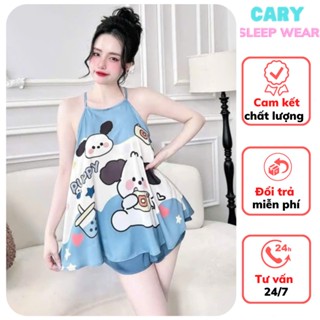  Set bộ ngủ mặc nhà áo 2 dây cổ yếm và quần đùi nữ họa tiết in 3D sexy quyến rũ CARY 