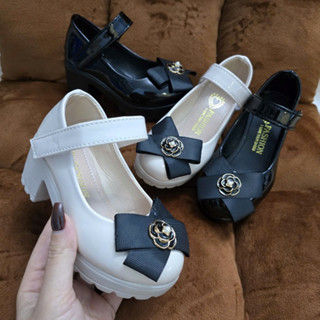 Giày búp bê cao gót 5cm Bé gái Nơ chéo hoa trà Da bóng mềm Đế nhẹ - Cho Bé (FORM NHỎ)