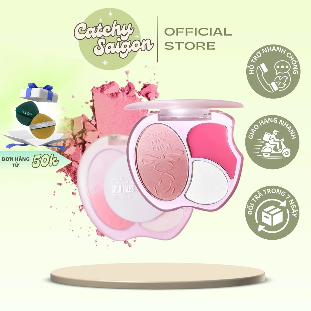 [GOGO TALES] Bảng Phấn Má GOGO TALES 3 Ô Quả Táo Kèm Highlight Nhũ Lì Và Má Hồng Kem (GT731)