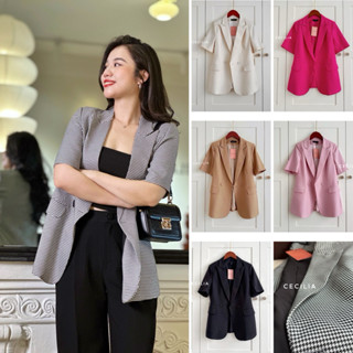Áo blazer nữ cộc tay CECILIA Design thiết kế AMBER CHIẾT EO vest vạt tròn màu đen hồng sen kẻ be kem