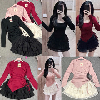 Set Váy Nữ Thiết Kế Áo Tăm Tay Dài Cổ Vuông Tà Nhọn Dây Rút Chân Váy Có Lót Trong Siêu Xinh Diện Noel Giáng Sinh Lễ Tết