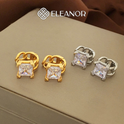 Bông tai nữ chuôi bạc 925 Eleanor Accessories họa tiết vuông phụ kiện trang sức khuyên tai tròn 8886