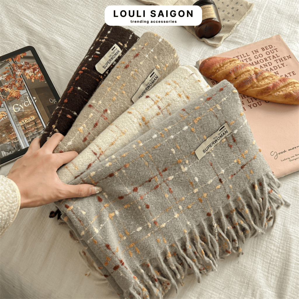 Khăn len choàng cổ nam nữ vải len cotton cao cấp LOULI SAIGON, khăn choàng mùa đông hoạ tiết ca rô thời trang K06