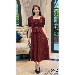 Đầm midi trung niên  dự tiệc - công sở, vải thun nhũ cao cấp đính đá, tặng mẹ co giãn tốt bigsize M692