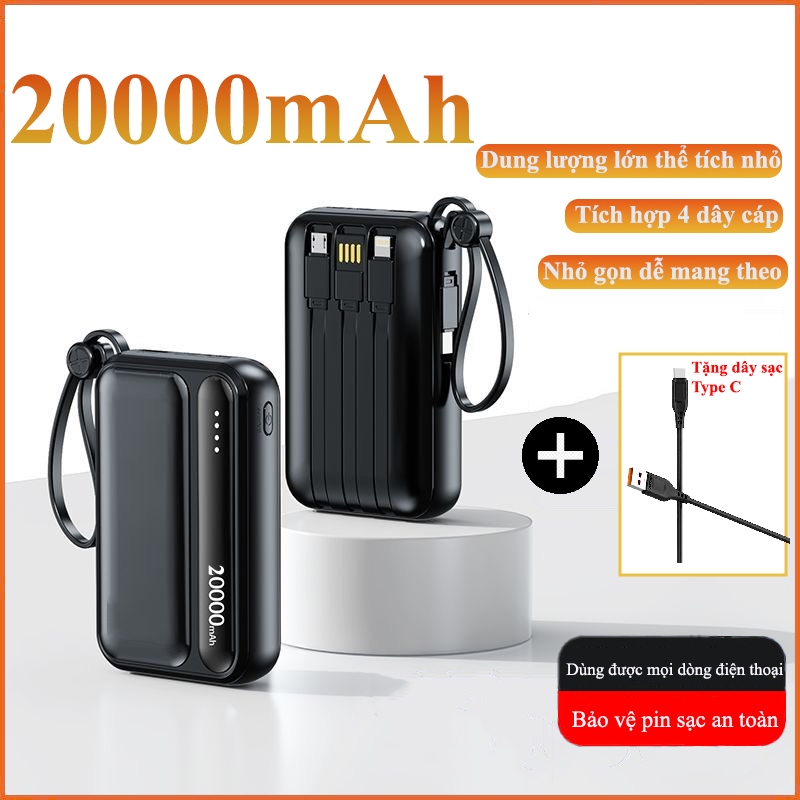 Sạc dự phòng 20000mah sạc pin mini dung lượng lớn có sẵn nhiều dây sạc r08