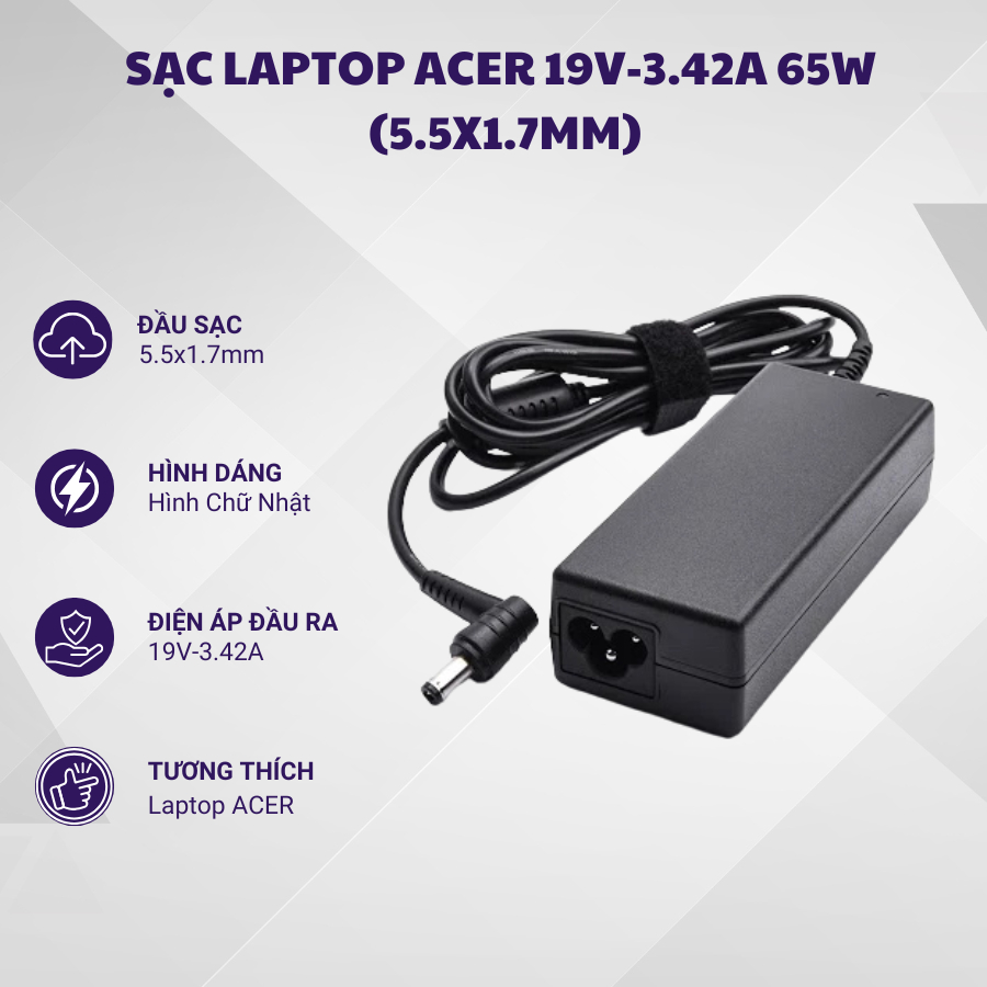Sạc Laptop ACER 19V-3.42A 65W (5.5x1.7mm)