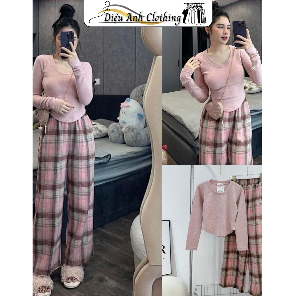 Set Bộ Đồ Nữ Áo Len Tăm Hồng Croptop Dài Tay Ôm Body Mix Quần Kẻ Caro Suông Dài Ống Rộng.