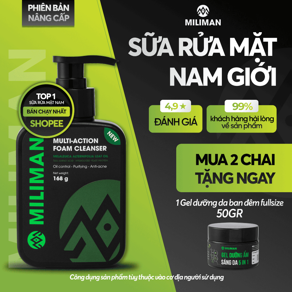 Sữa Rửa Mặt Cho Nam Sạch Dầu Nhờn Trắng Da Ngừa Mụn Miliman Multi–Action Foam Cleanser 168G [Mua 2 Tặng Gel Dưỡng 50G]