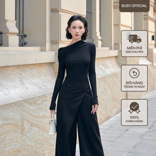 [BUSY] Áo Dài Tay Cổ Xếp Lệch Nữ BUSY Thun Tăm Giấy Một Lớp Co Giãn Ôm Sát DT25T