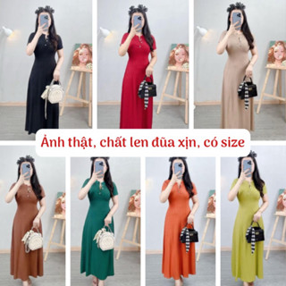  Đầm ôm body nữ dáng dài cổ trụ tay ngắn có nút gân đũa QC thu đông màu đỏ và nhiều màu  mặc đi chơi Noel Tết 