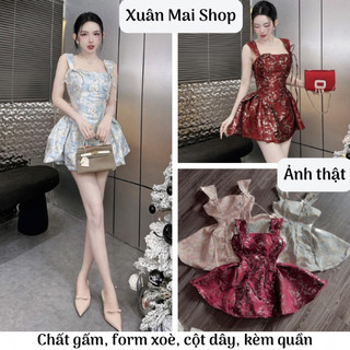 Đầm xoè tiểu thư 2 dây cột nơ chất gấm kèm quần màu đỏ xanh hồng mặc đi tiệc đi chơi Noel Tết  xuanmaishop12