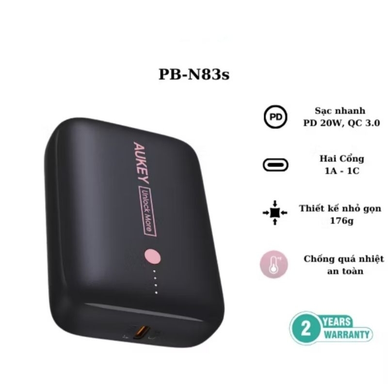 Pin sạc dự phòng Aukey PB-N83S 10000mAH sạc nhanh 20W - 2 cổng PD nhỏ gọn