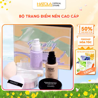  Set trang điểm nền Prrety Makeup 4 món Kem lót Kem nền Phấn phủ Mút Cọ kiềm dầu kháng nước nâng tone Hatola 