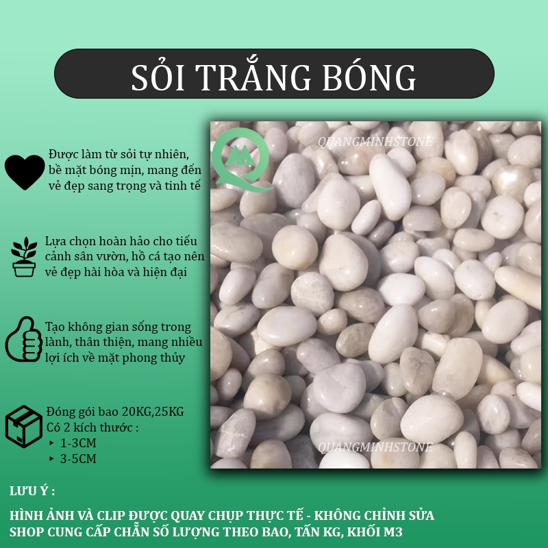 (Bao 25KG) Sỏi trắng bóng nhập khẩu - Sỏi trang trí sân vườn cao cấp, sỏi nhập khảu, sỏi bóng