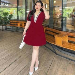  Béo Design bigsize Nữ - Đầm nhung dây ngọc cổ tim Nữ bigsize 50kg đến 100kg 