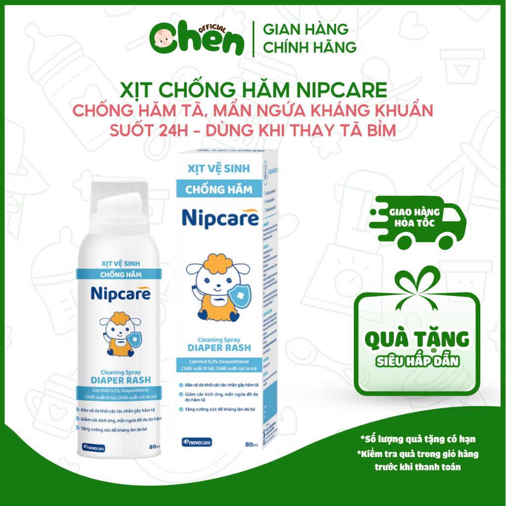 Xịt chống hăm Nipcare 80ml - Vệ sinh tã bỉm, giảm mẩn ngứa, bảo vệ da bé, không cần rửa lại với nước