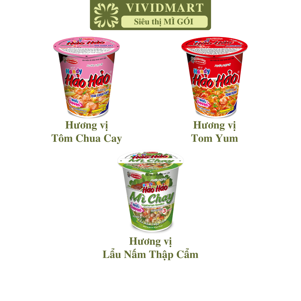 [LY LẺ] - ACECOOK - Mì ly Handy Hảo Hảo 3 vị: Tôm chua cay, Tomyum và lẩu nấm thập cẩm chay (66g-67g/ly)